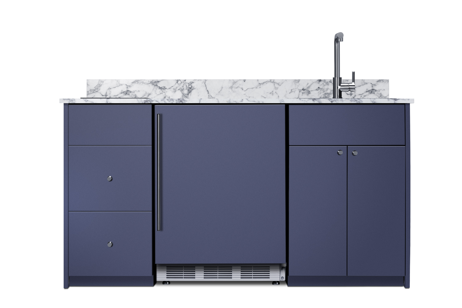 ADA height Turnkey Caldera Kitchen featuring pre-assembled cabinetry and countertop in a modern midnight navy finish, complete with ENERGY STAR certified refrigerator-freezer, ENERGY STAR certified 115V induction cooktop, storage drawers, and sink with faucet; ships in two boxes on one pallet